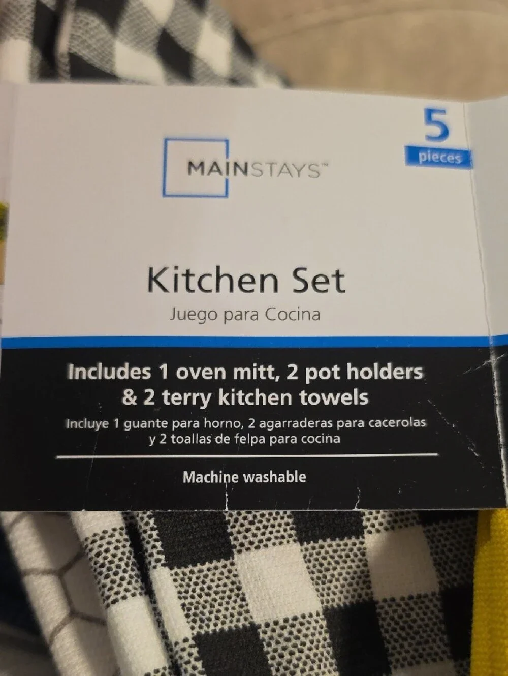 Mainstays 5pc  Black & White Check Pot Holder and Towel Set with Bee NWT